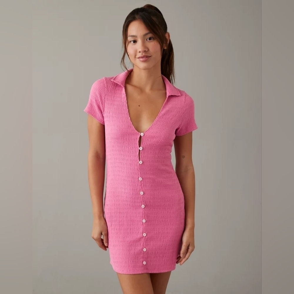 American Eagle Smocked Pink Button-Front Polo Mini Dress - XXL